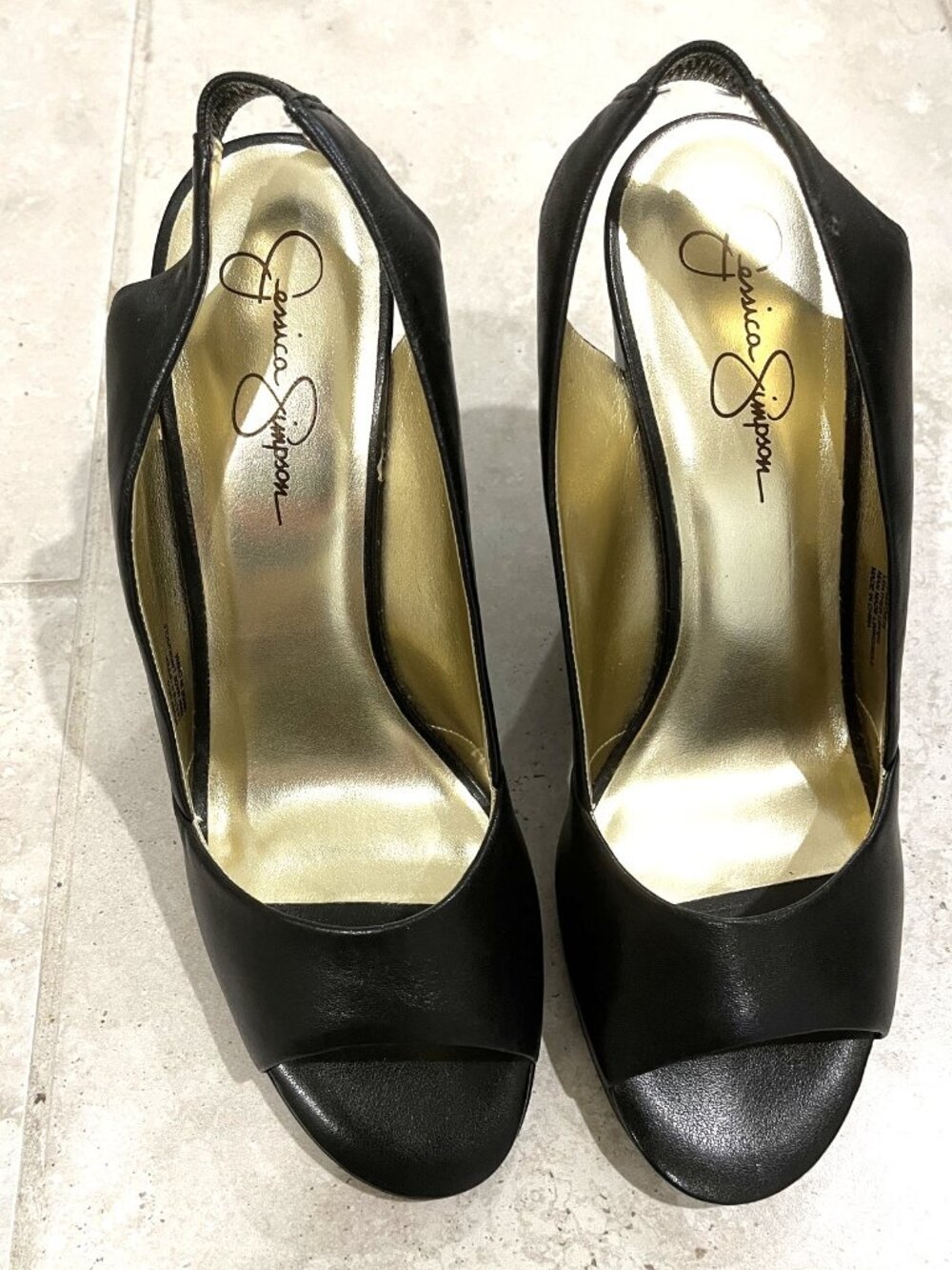 Jessica Simpson Sibilla Black Leather Peep Toe Slingback Platform Heels Size 8.5